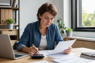 Small business owner focused on financial paperwork at a bright, tidy desk in a modern, modest office with natural light and minimal decor.
