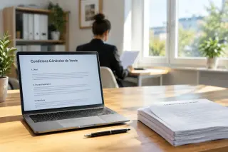 A well-lit small office with an open laptop showing a sales terms document, some papers and a pen on a neat desk, and a person reviewing documents in the background.