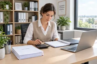 Femme professionnelle seule à son bureau, entourée de documents comptables et d'un ordinateur portable, travaillant dans un bureau lumineux et organisé.