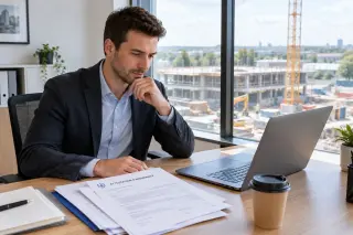 Entrepreneur seul dans un bureau moderne avec des documents d'assurance sur le bureau, un ordinateur portable et, en arrière-plan, un chantier de construction visible à travers une grande fenêtre