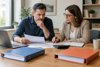 Dirigeant de petite entreprise échangeant avec son expert-comptable autour de documents financiers dans un bureau lumineux.