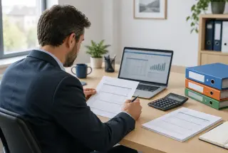 Entrepreneur vérifiant des documents de facturation et plusieurs dossiers représentant les différents taux de TVA dans un bureau professionnel.